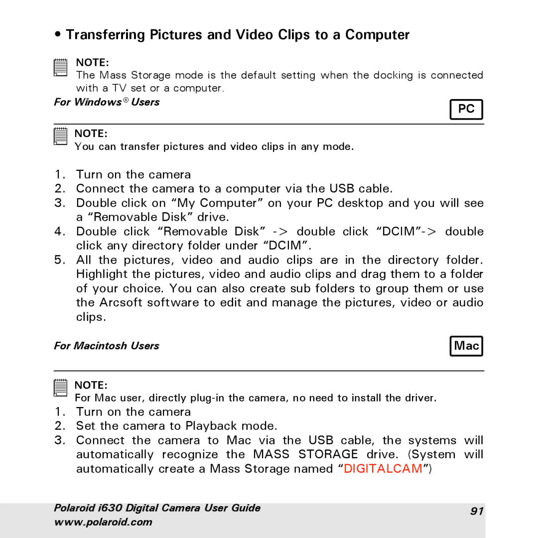 Polaroid i630 manual Transferring Pictures and Video Clips to a Computer 