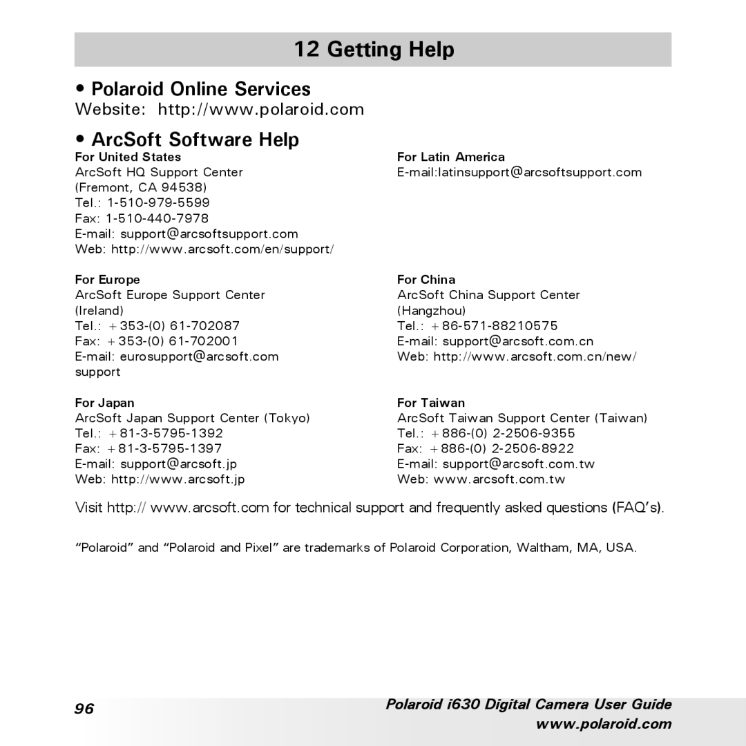 Polaroid i630 manual Getting Help, Polaroid Online Services ArcSoft Software Help 