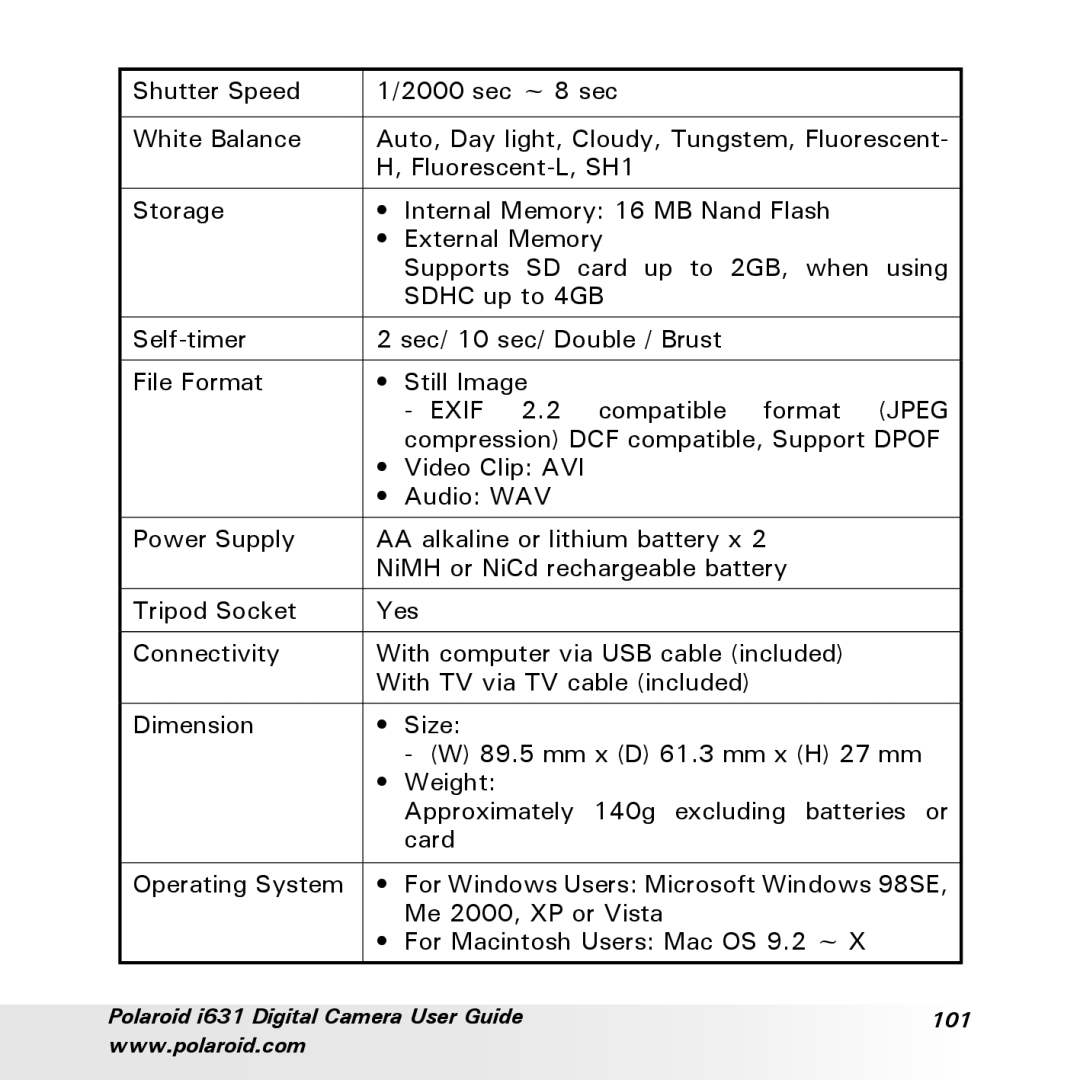 Polaroid I631 manual Polaroid i631 Digital Camera User Guide 101 