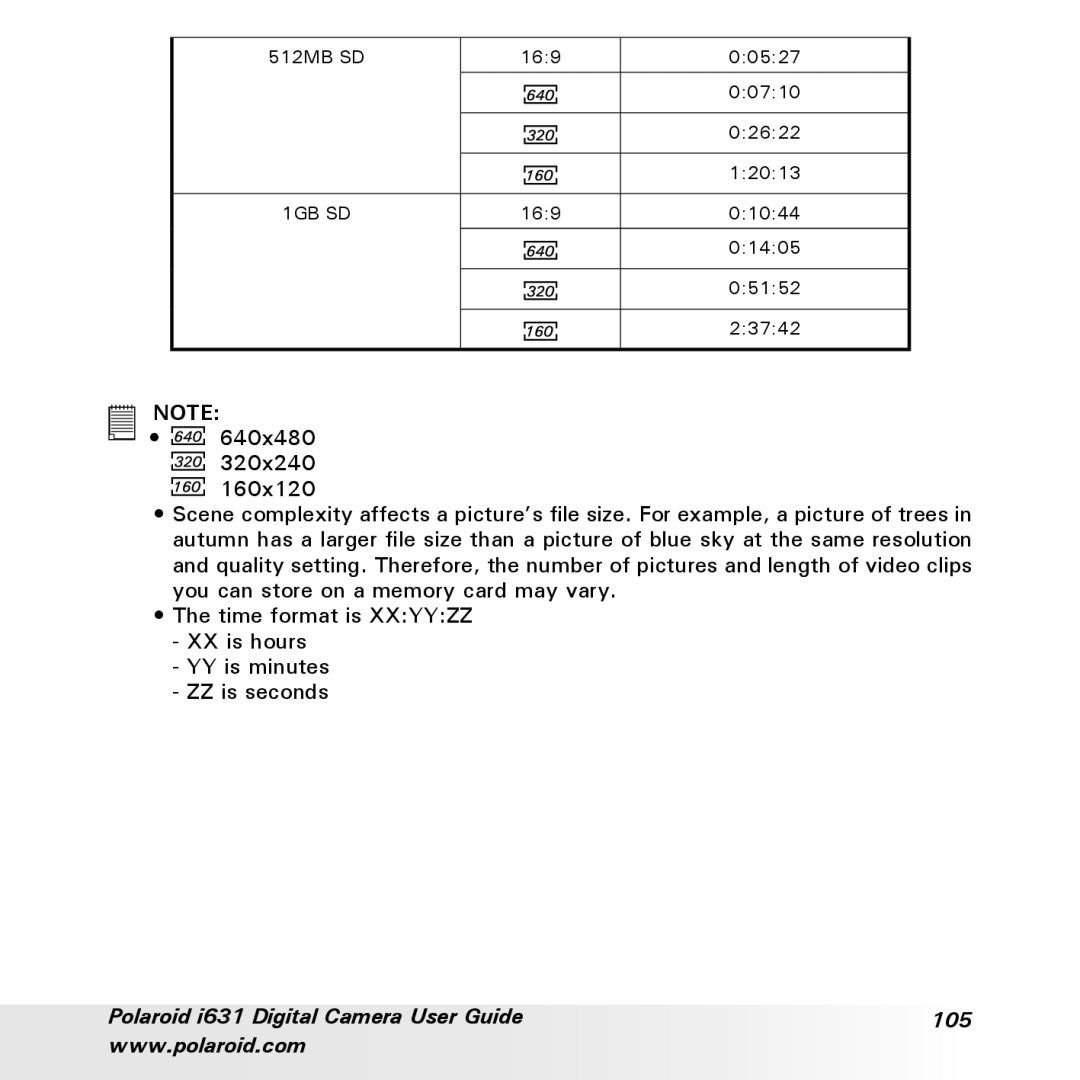 Polaroid I631 manual Polaroid i631 Digital Camera User Guide 105 