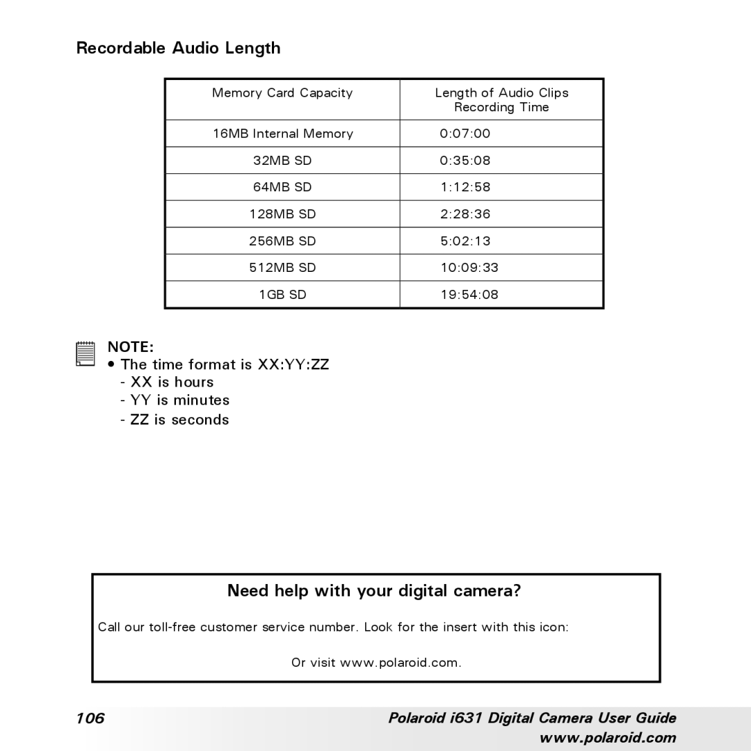 Polaroid I631 manual Recordable Audio Length, Need help with your digital camera? 