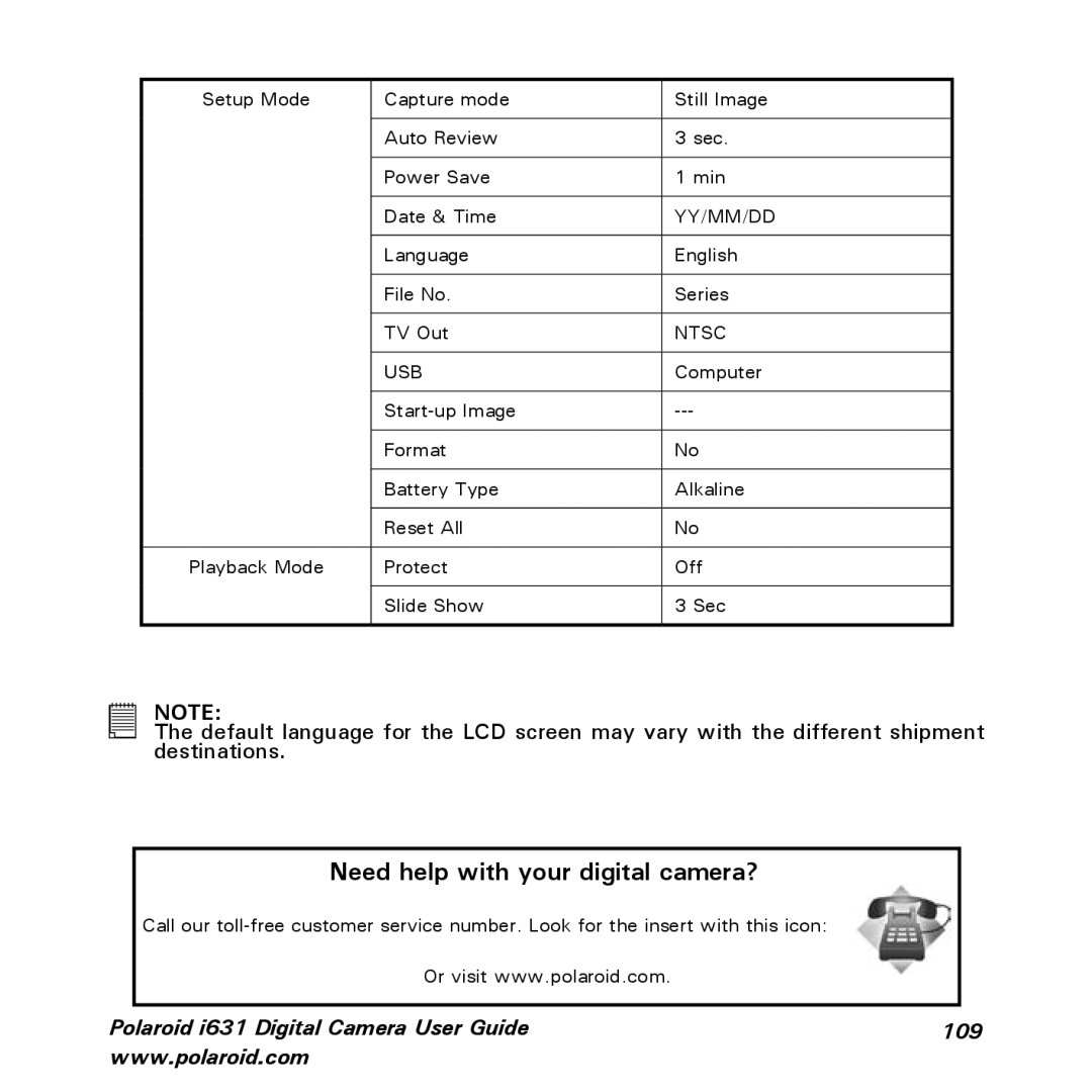 Polaroid I631 manual Polaroid i631 Digital Camera User Guide 109 