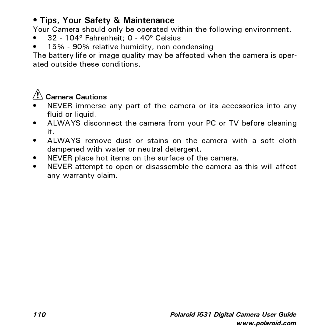 Polaroid I631 manual Tips, Your Safety & Maintenance, Camera Cautions 