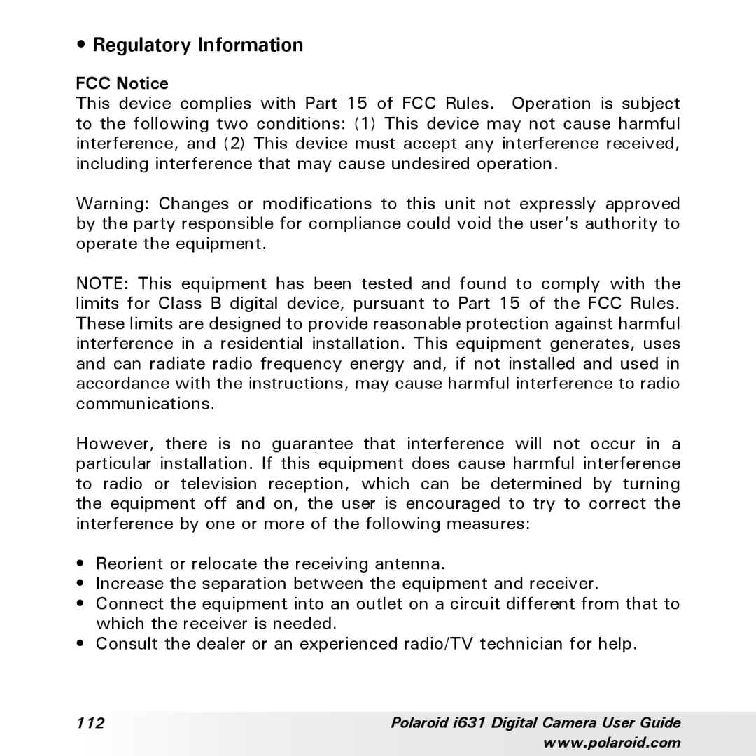 Polaroid I631 manual Regulatory Information, FCC Notice 