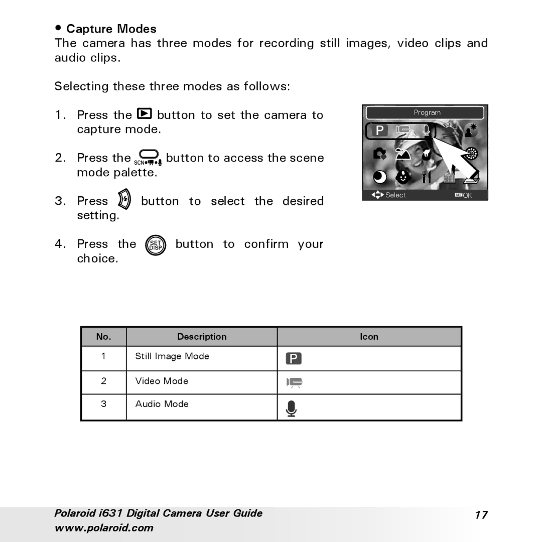 Polaroid I631 manual Capture Modes 
