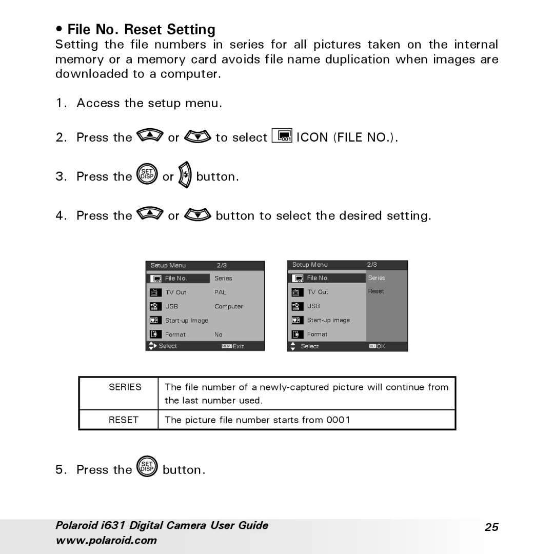 Polaroid I631 manual File No. Reset Setting 