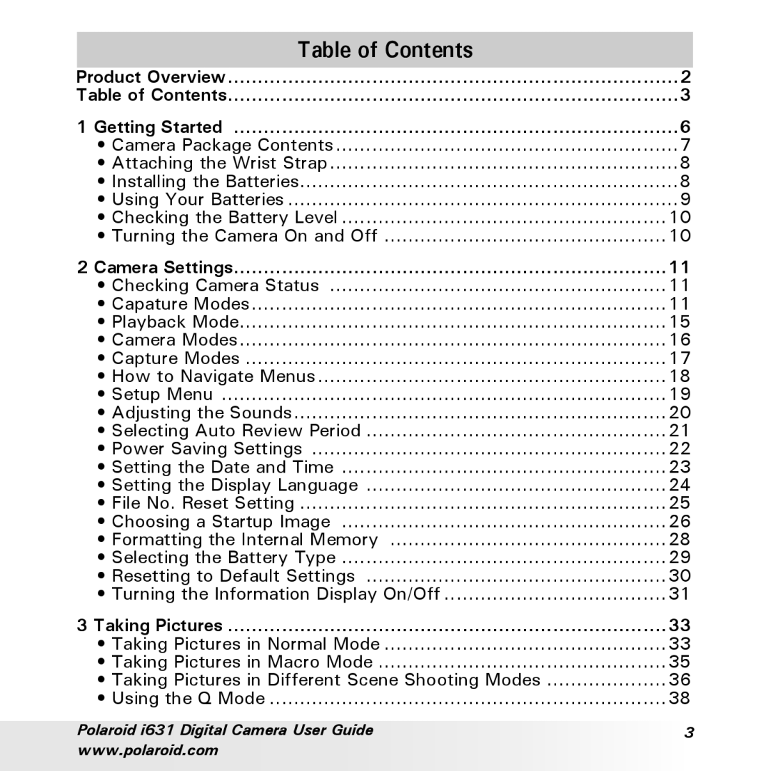 Polaroid I631 manual Table of Contents 