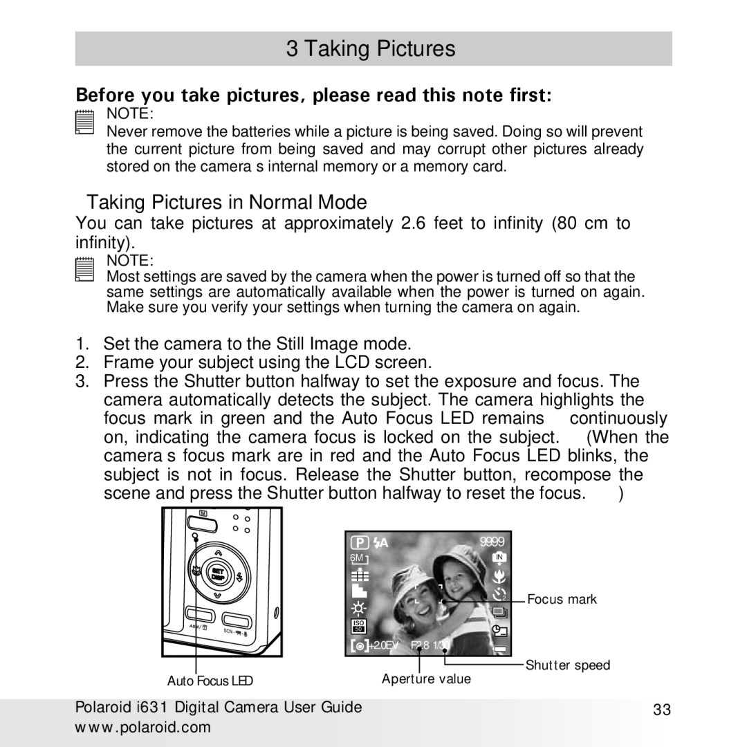 Polaroid I631 manual Before you take pictures, please read this note first, Taking Pictures in Normal Mode 