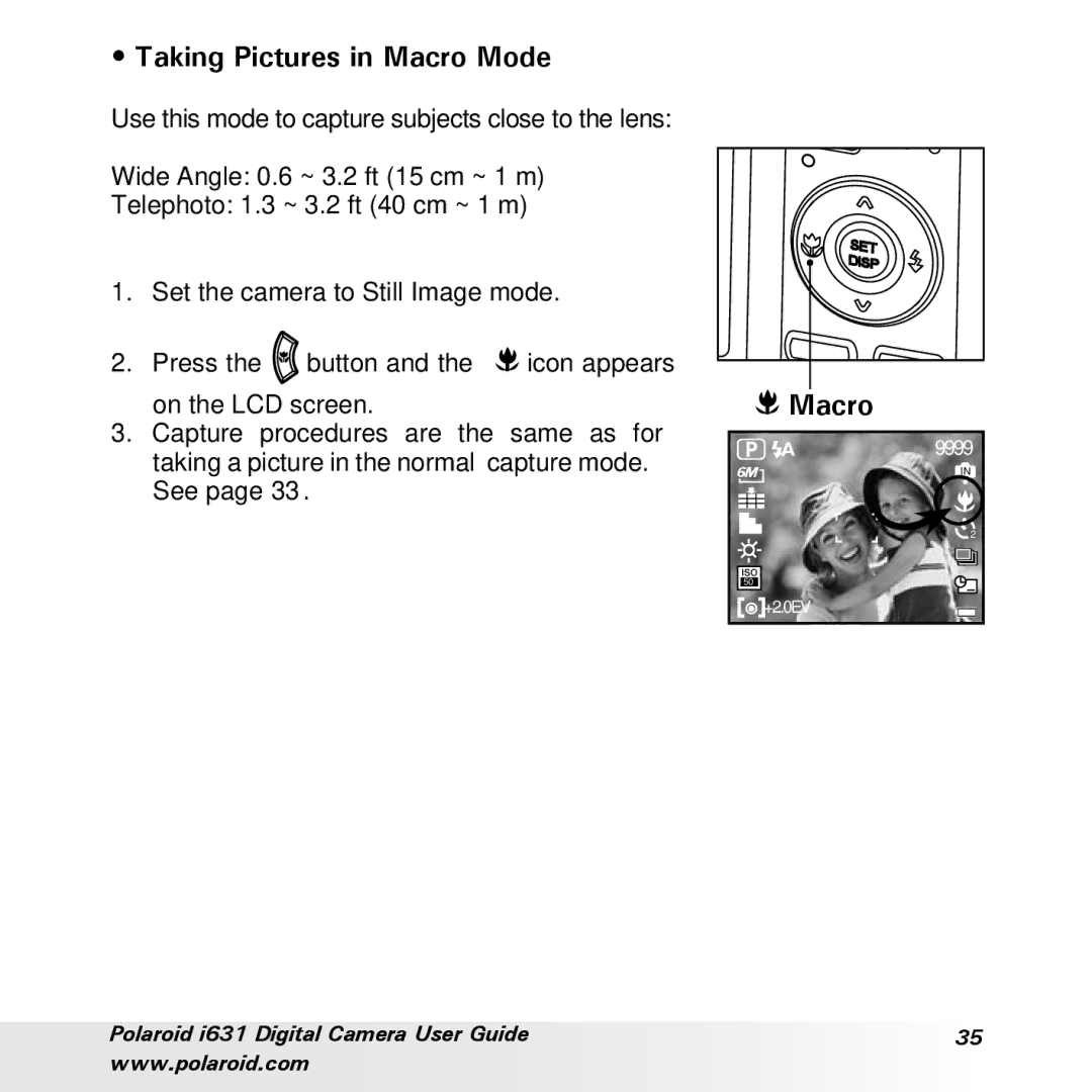 Polaroid I631 manual Taking Pictures in Macro Mode 