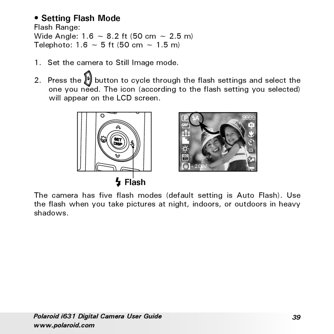 Polaroid I631 manual Setting Flash Mode 