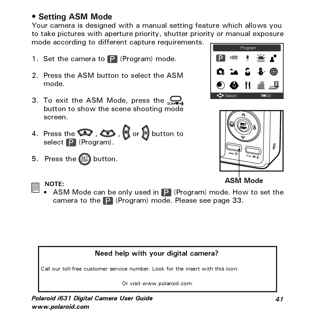 Polaroid I631 manual Setting ASM Mode 