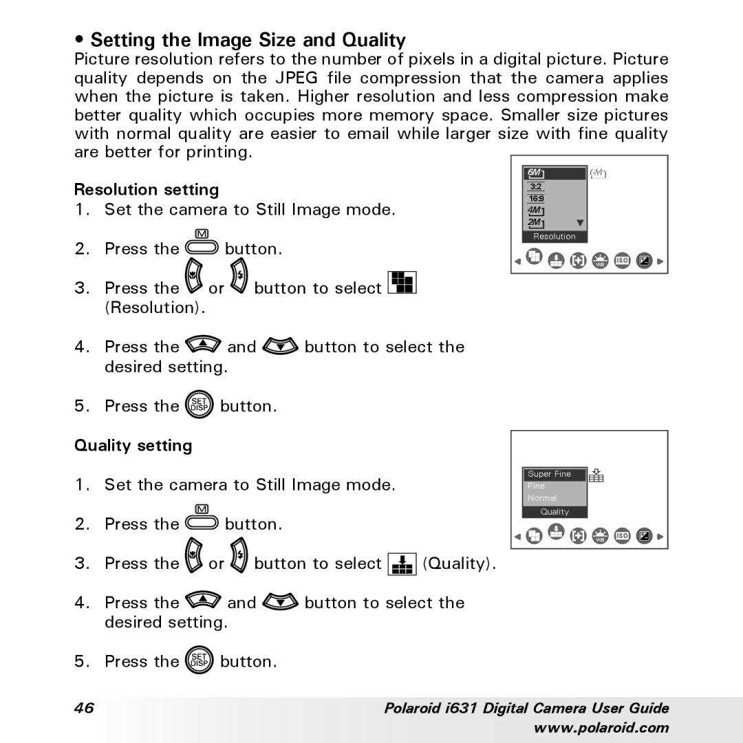 Polaroid I631 manual Setting the Image Size and Quality, Quality setting 