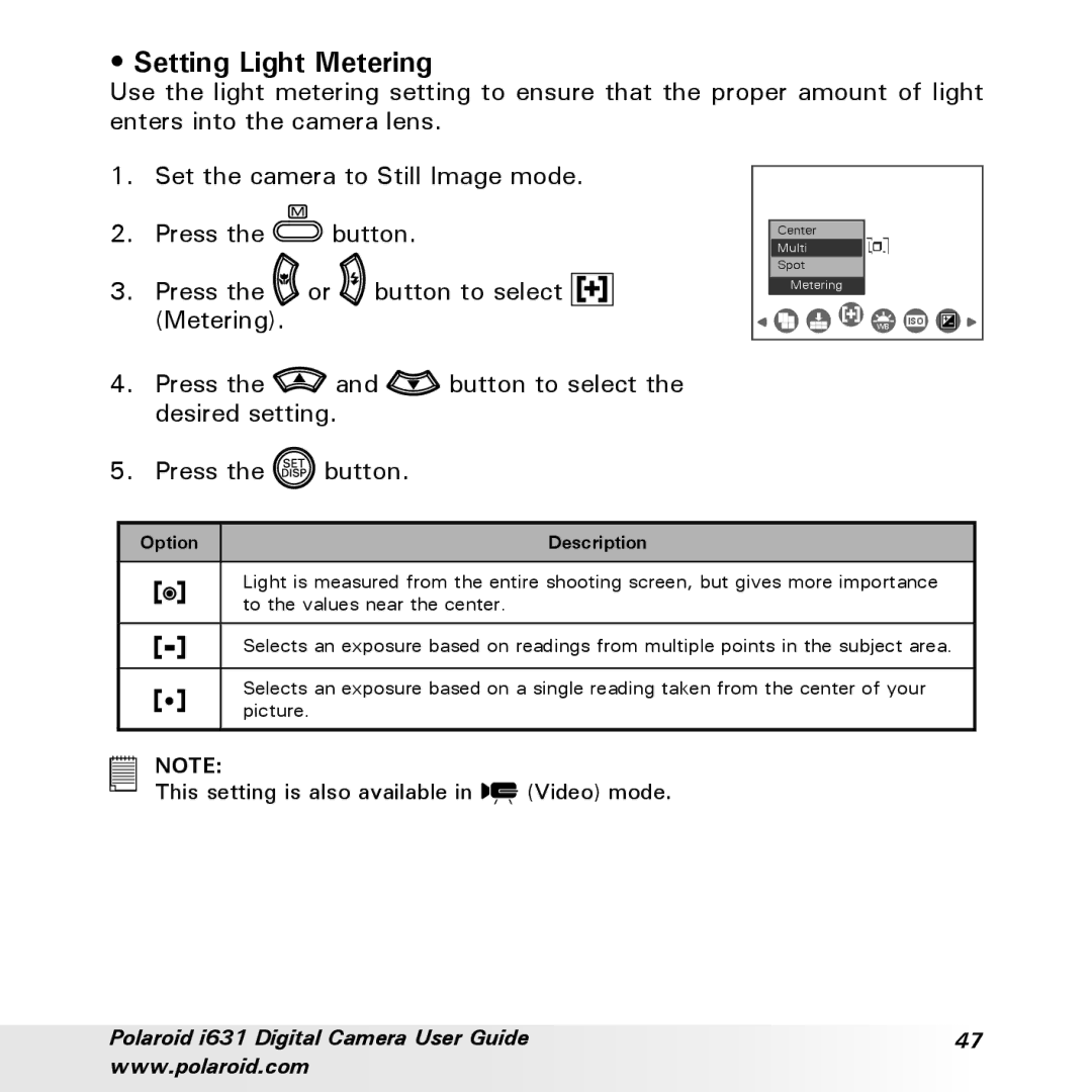 Polaroid I631 manual Setting Light Metering 