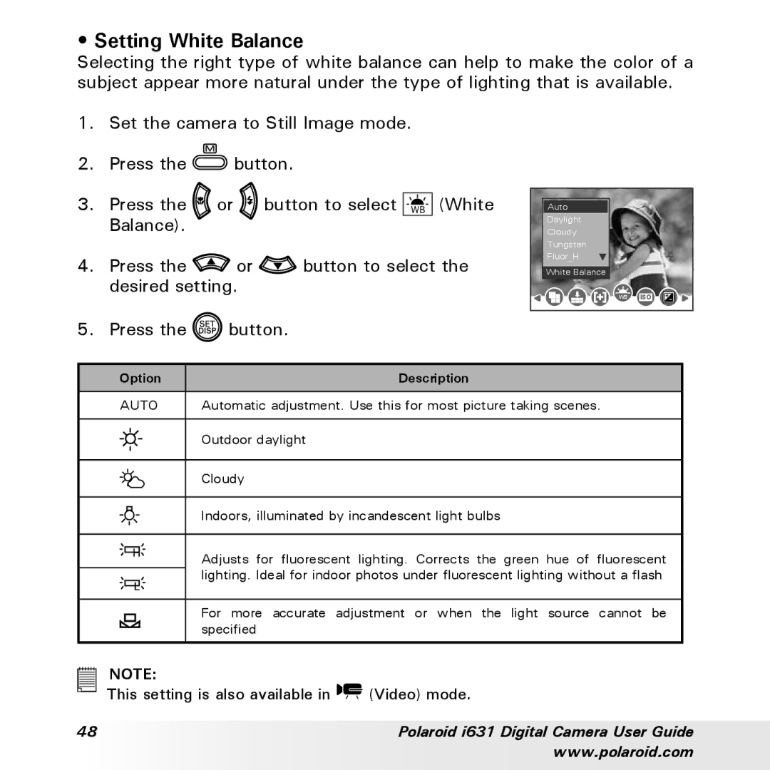 Polaroid I631 manual Setting White Balance, Option Description 