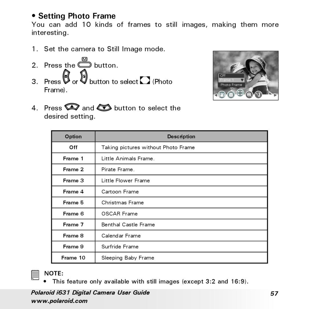 Polaroid I631 manual Setting Photo Frame 