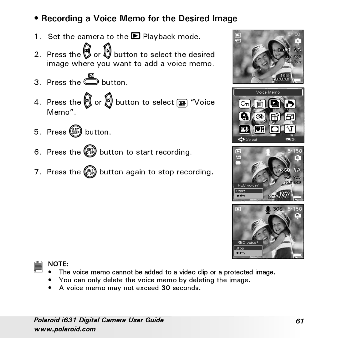 Polaroid I631 manual Recording a Voice Memo for the Desired Image 