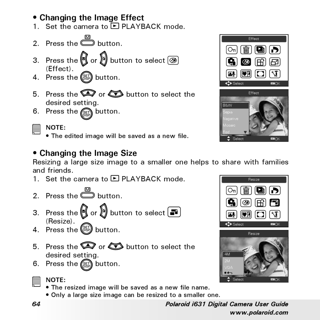 Polaroid I631 manual Changing the Image Effect, Changing the Image Size 