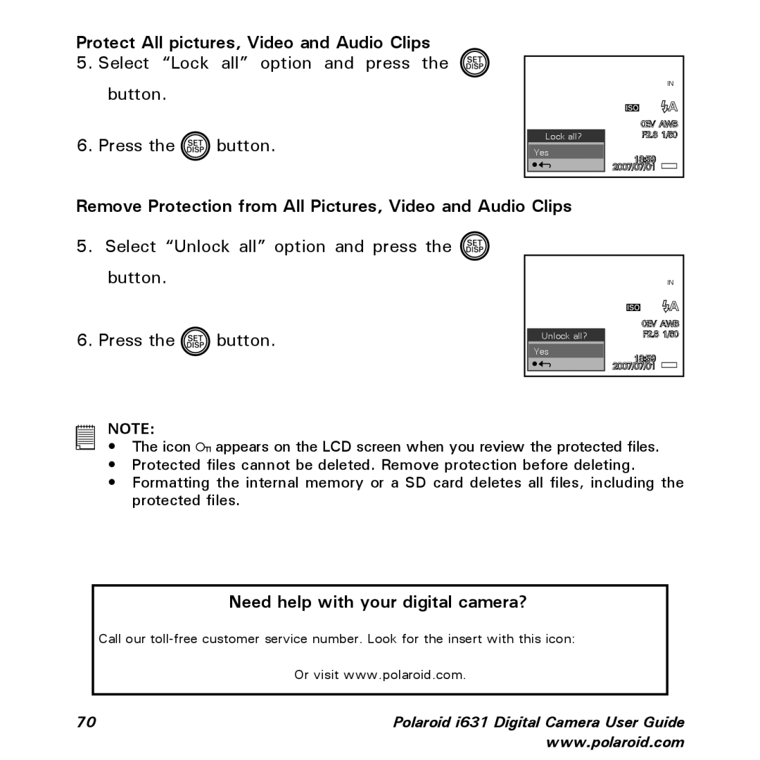 Polaroid I631 Protect All pictures, Video and Audio Clips, Remove Protection from All Pictures, Video and Audio Clips 