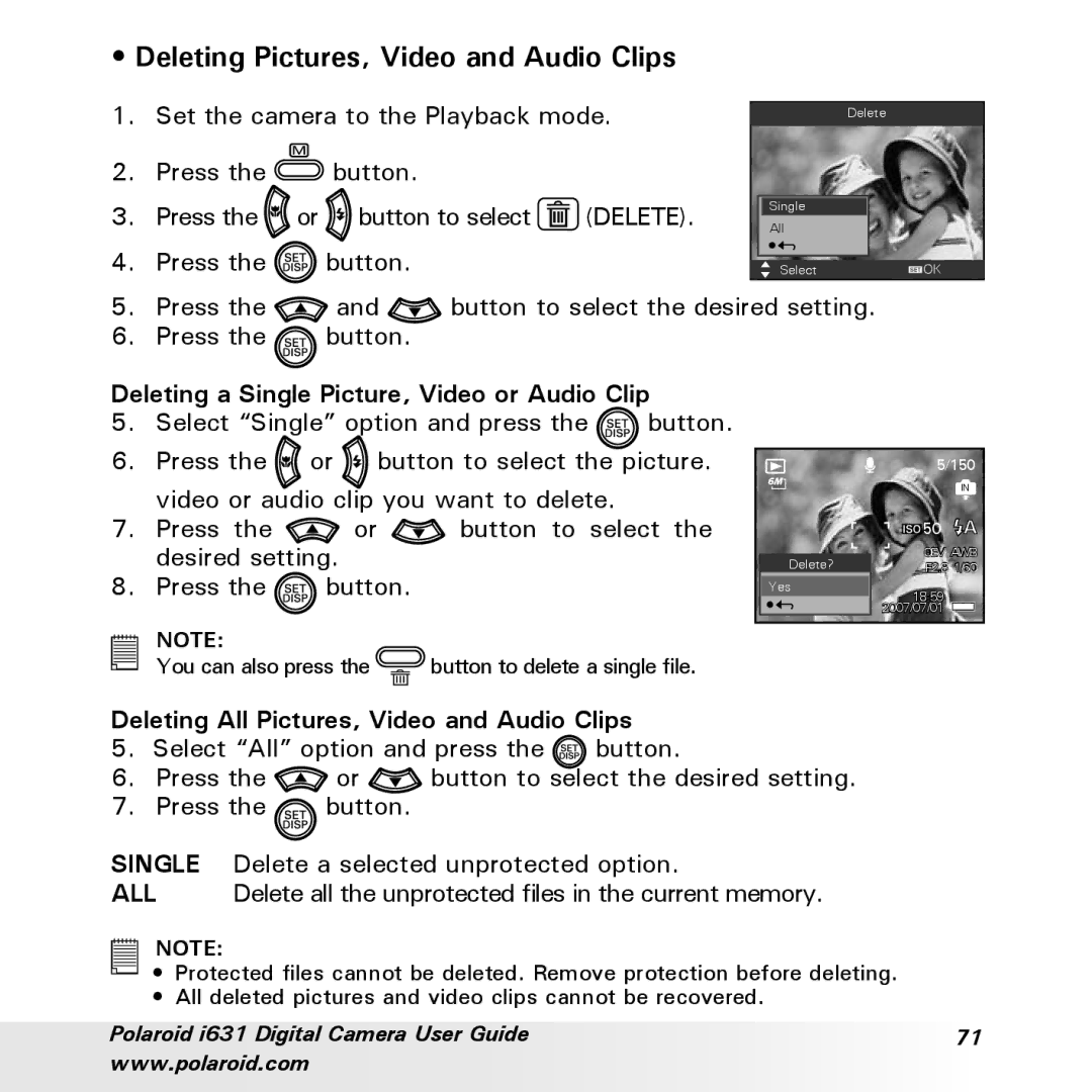 Polaroid I631 manual Deleting Pictures, Video and Audio Clips, Deleting a Single Picture, Video or Audio Clip 