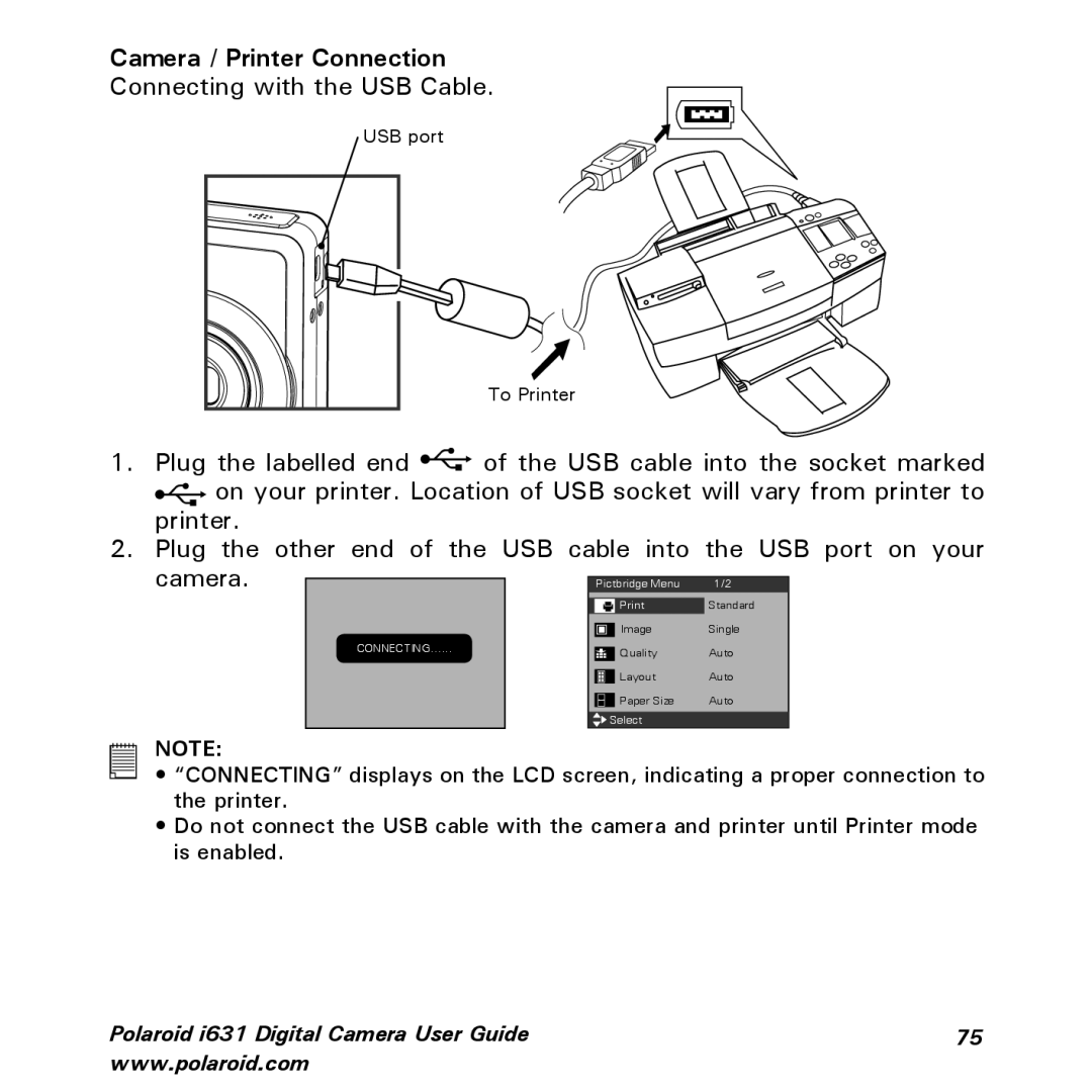 Polaroid I631 manual Camera / Printer Connection 