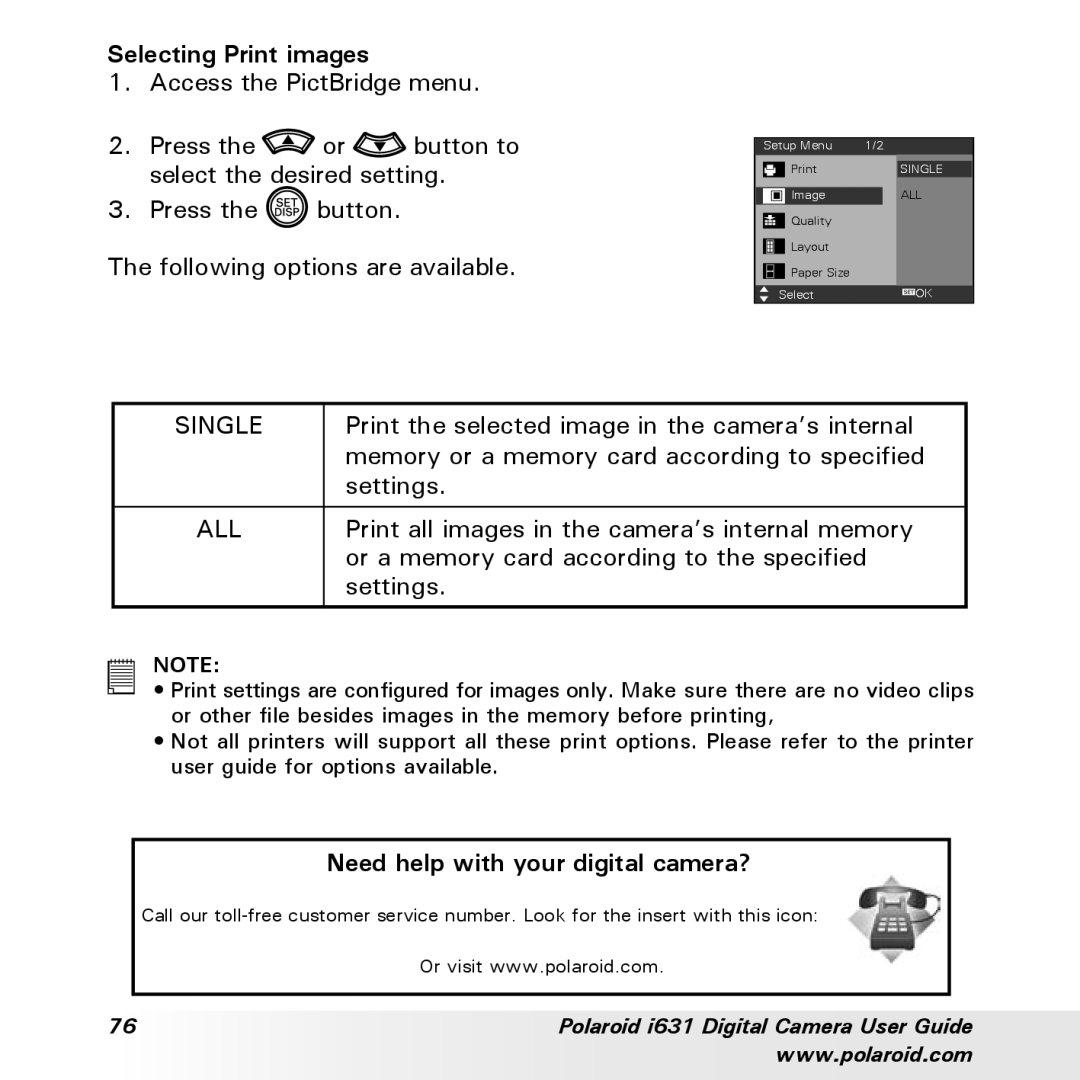 Polaroid I631 manual Selecting Print images, Single 