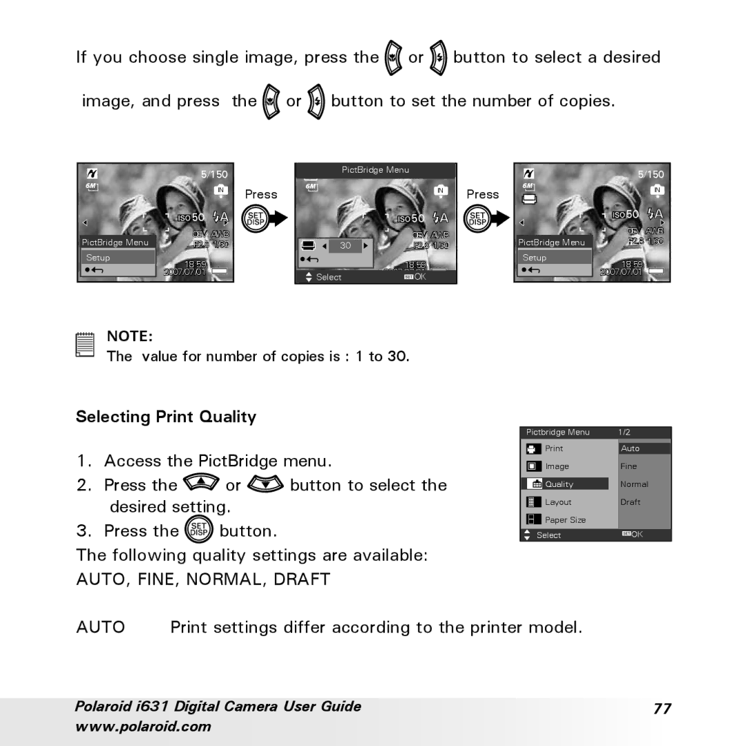 Polaroid I631 manual Selecting Print Quality, Auto 