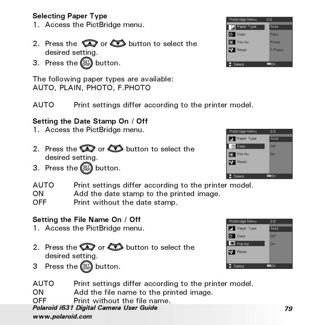 Polaroid I631 manual Selecting Paper Type, Setting the File Name On / Off 