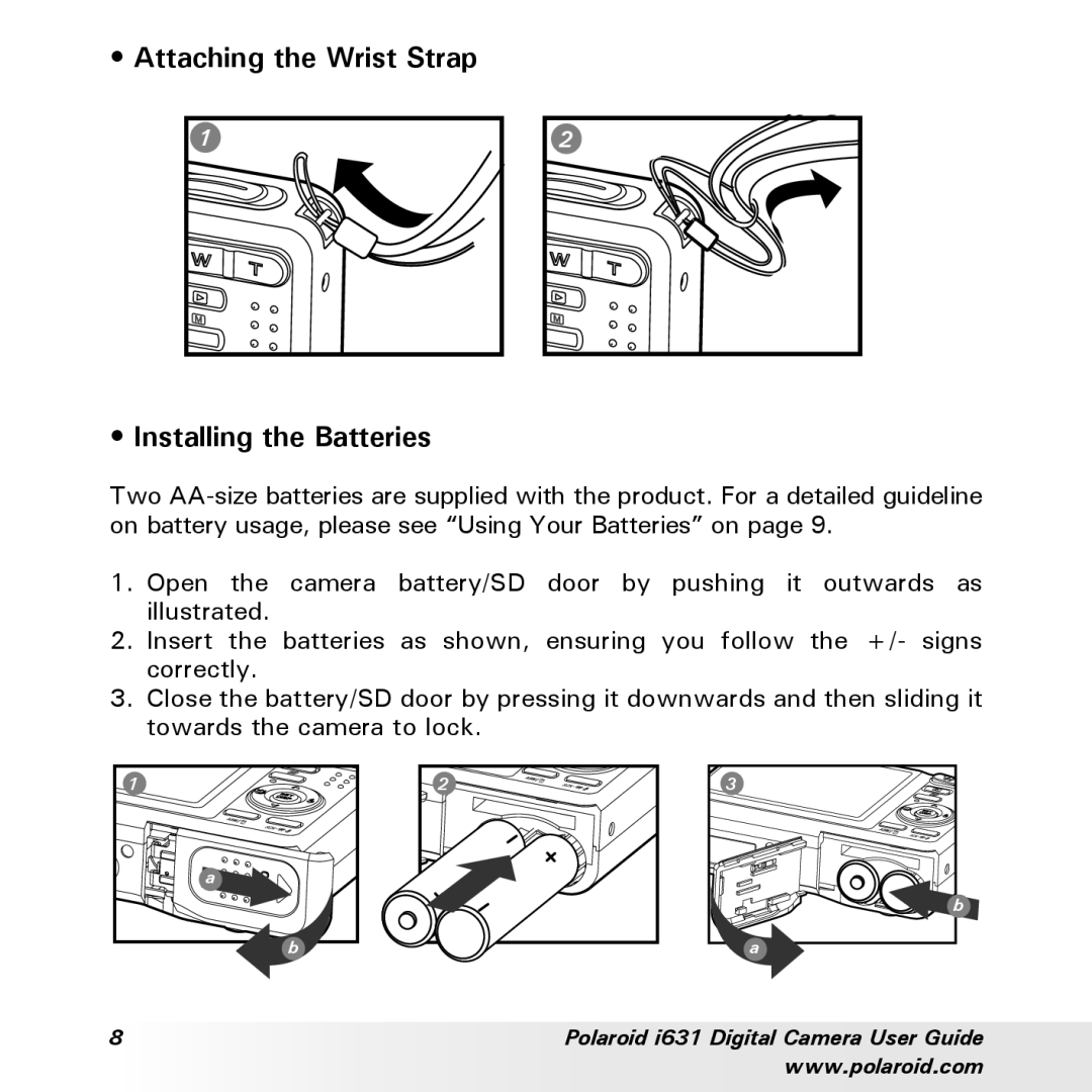 Polaroid I631 manual Attaching the Wrist Strap Installing the Batteries 