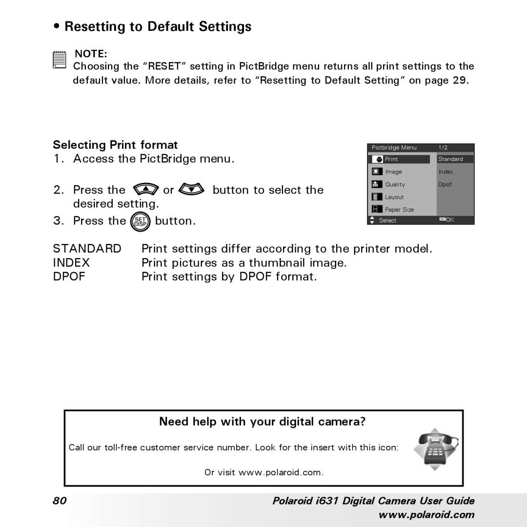 Polaroid I631 manual Resetting to Default Settings, Selecting Print format 