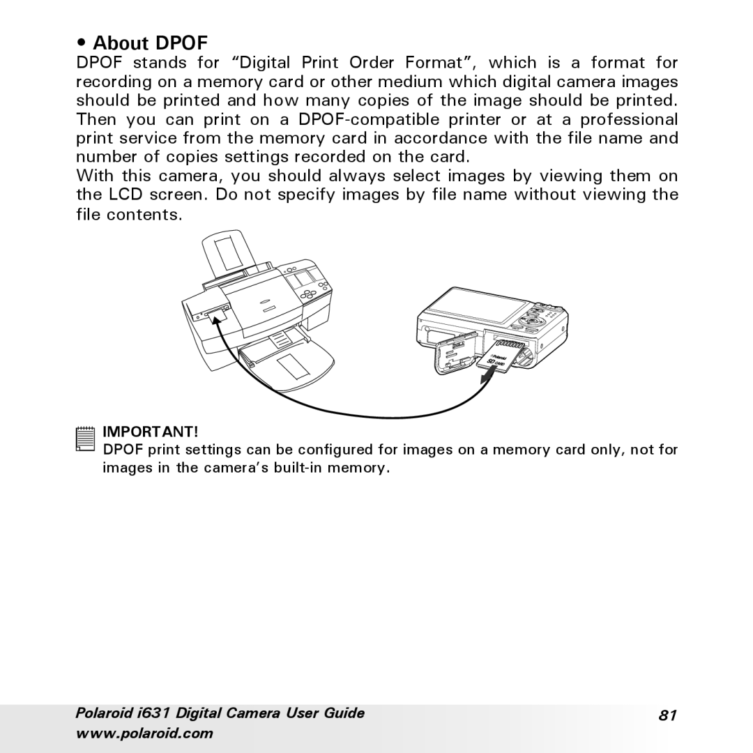 Polaroid I631 manual About Dpof 