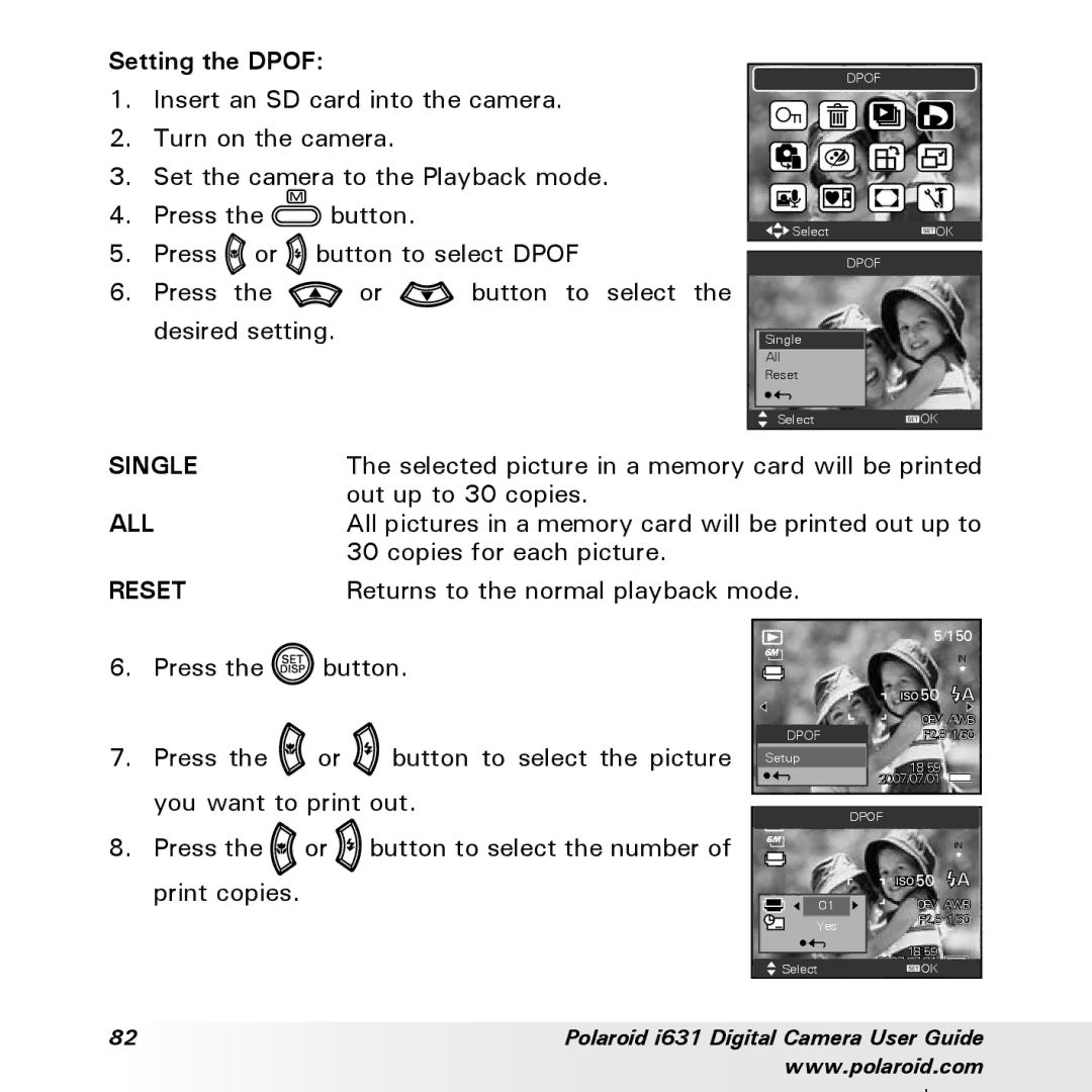 Polaroid I631 manual Setting the Dpof, Reset 