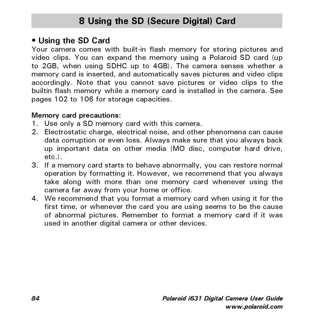 Polaroid I631 manual Using the SD Secure Digital Card, Using the SD Card, Memory card precautions 