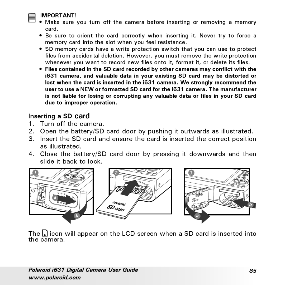 Polaroid I631 manual Inserting a SD card 