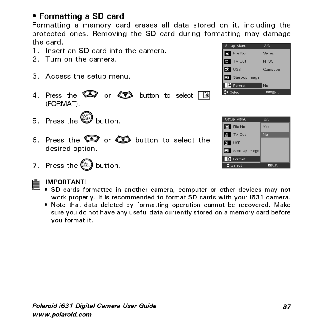 Polaroid I631 manual Formatting a SD card 