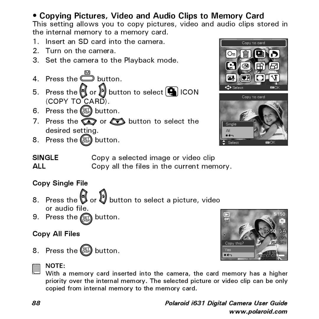 Polaroid I631 manual Copying Pictures, Video and Audio Clips to Memory Card, Copy Single File, Copy All Files 