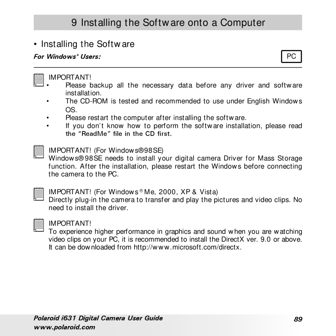 Polaroid I631 manual Installing the Software onto a Computer 