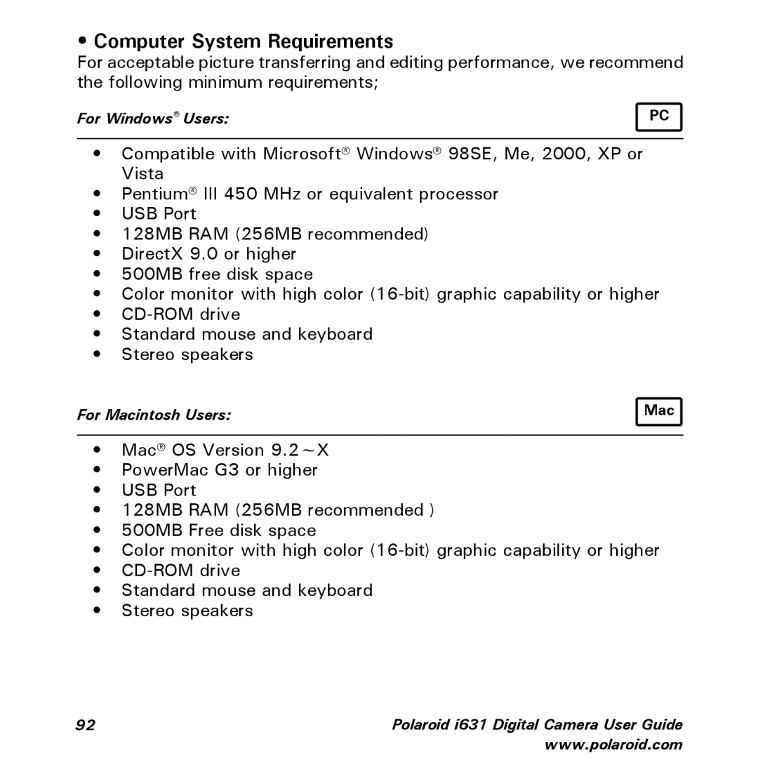 Polaroid I631 manual Computer System Requirements 