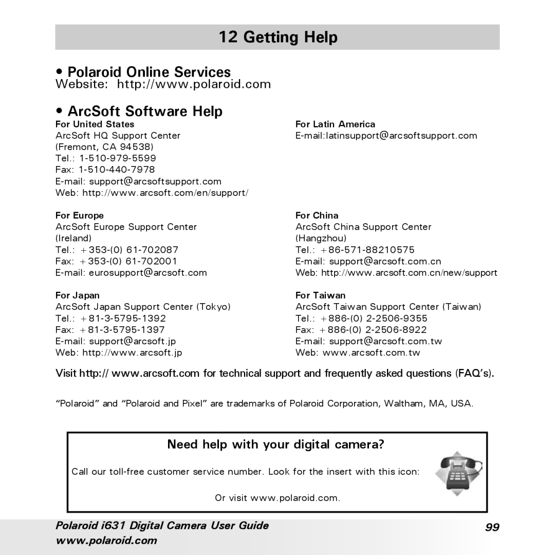 Polaroid I631 manual Getting Help, Polaroid Online Services ArcSoft Software Help 