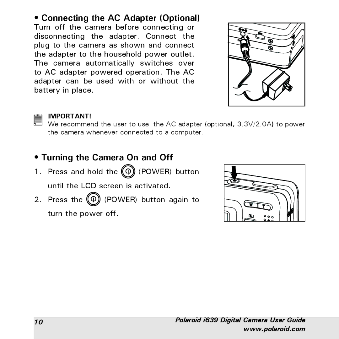 Polaroid i639 manual Connecting the AC Adapter Optional, Turning the Camera On and Off 