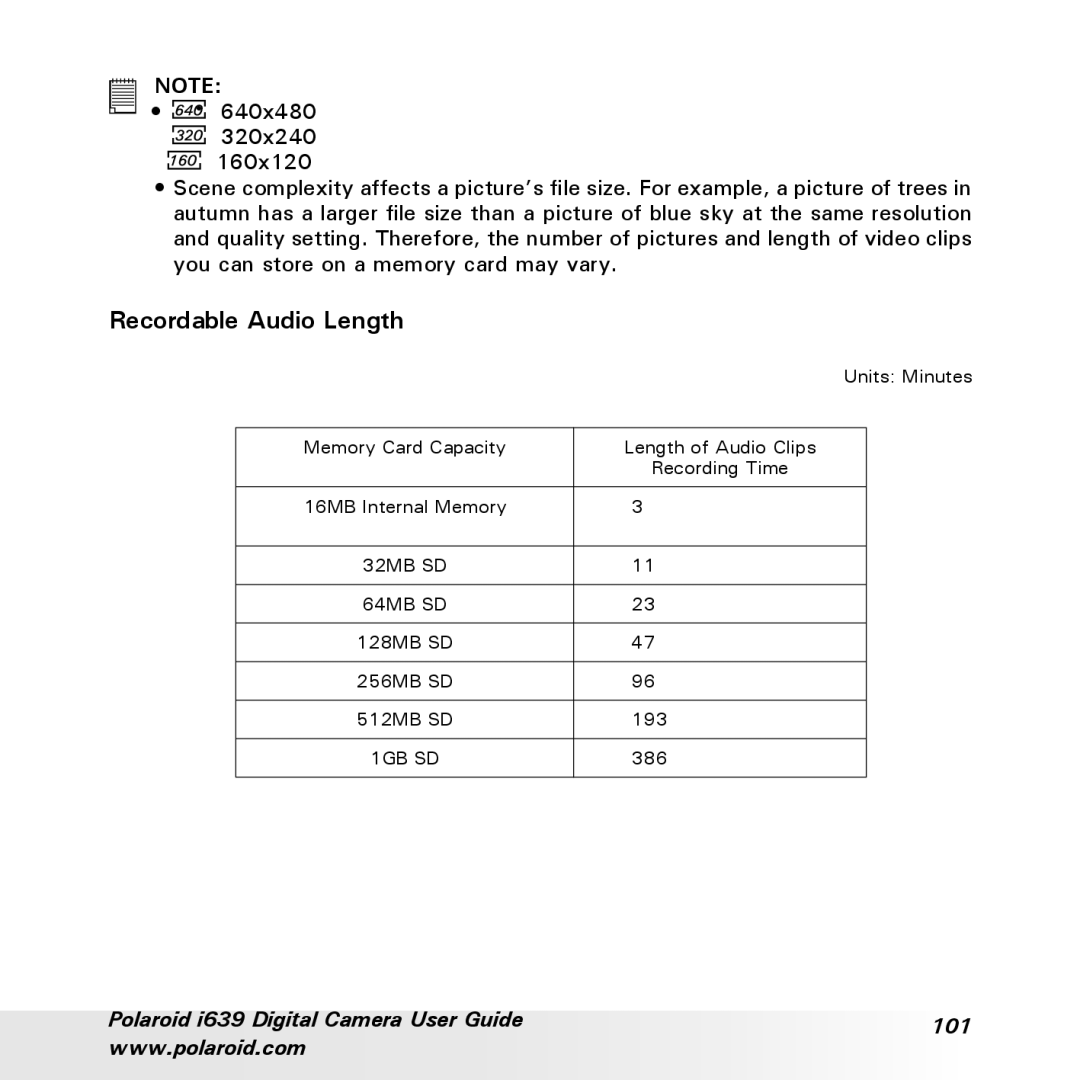 Polaroid i639 manual Recordable Audio Length 