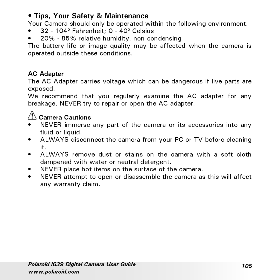 Polaroid i639 manual Tips, Your Safety & Maintenance, AC Adapter, Camera Cautions 