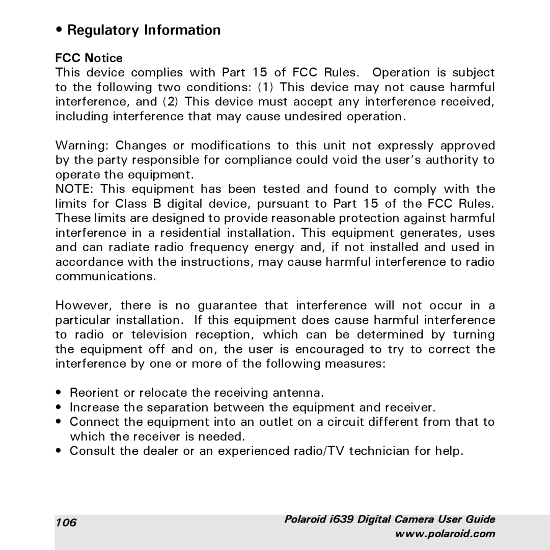 Polaroid i639 manual Regulatory Information, FCC Notice 