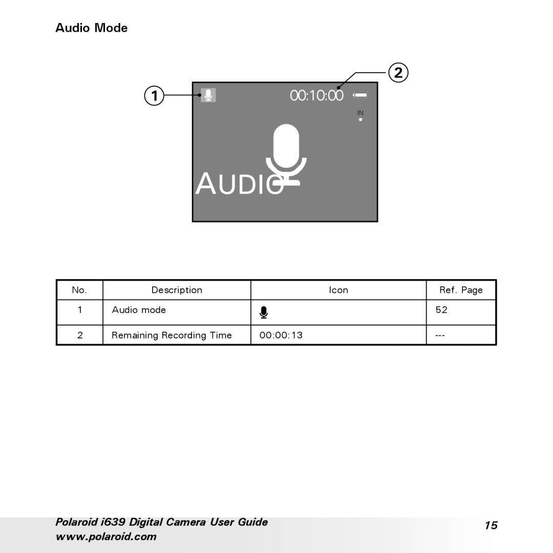 Polaroid i639 manual Audio Mode 