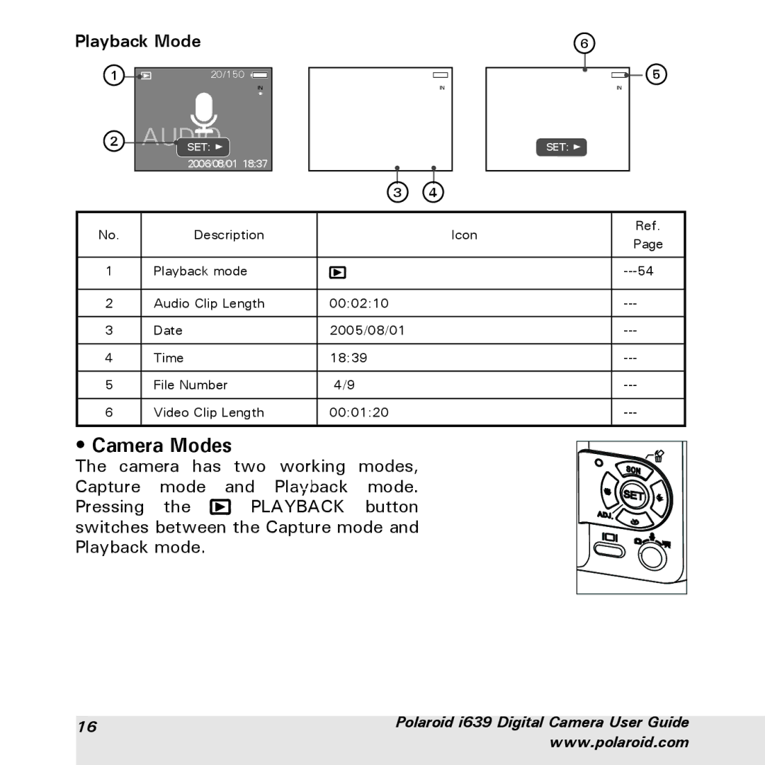 Polaroid i639 manual Audio, Playback Mode 