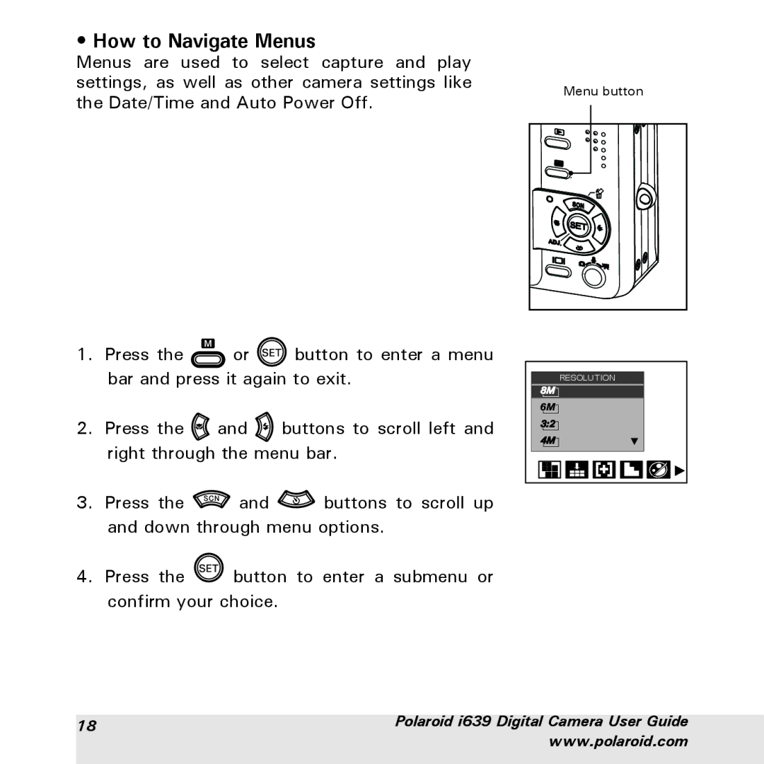 Polaroid i639 manual How to Navigate Menus 