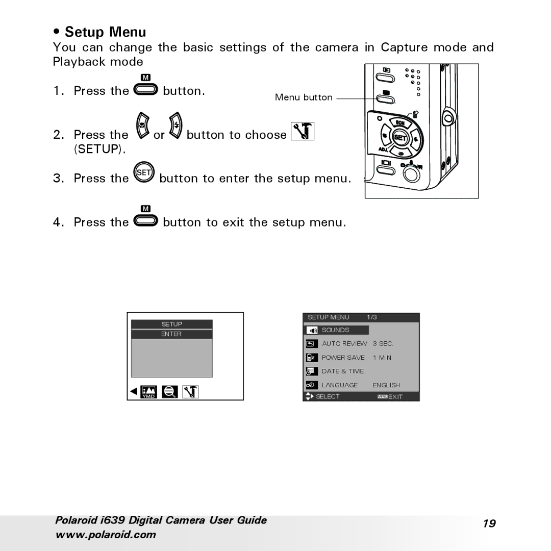 Polaroid i639 manual Setup Menu 