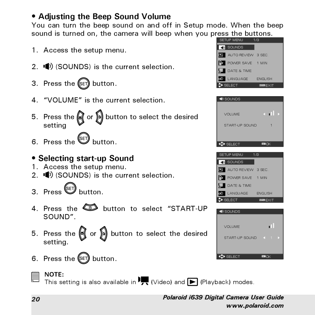 Polaroid i639 manual Adjusting the Beep Sound Volume, Selecting start-up Sound 