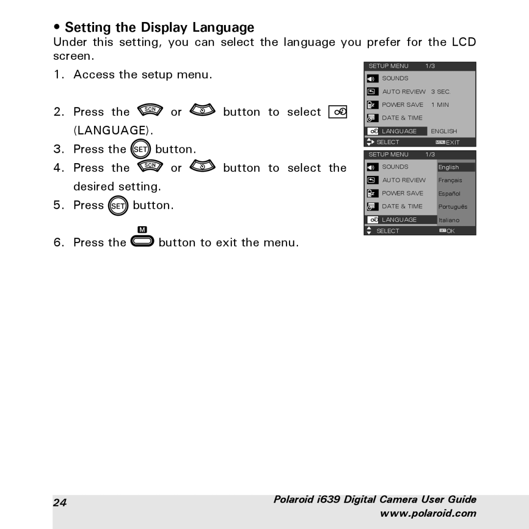 Polaroid i639 manual Setting the Display Language 