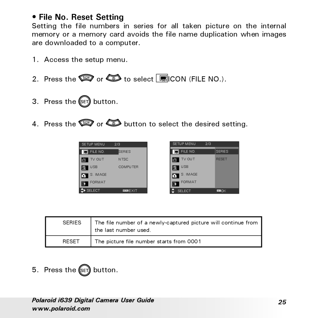 Polaroid i639 manual File No. Reset Setting 