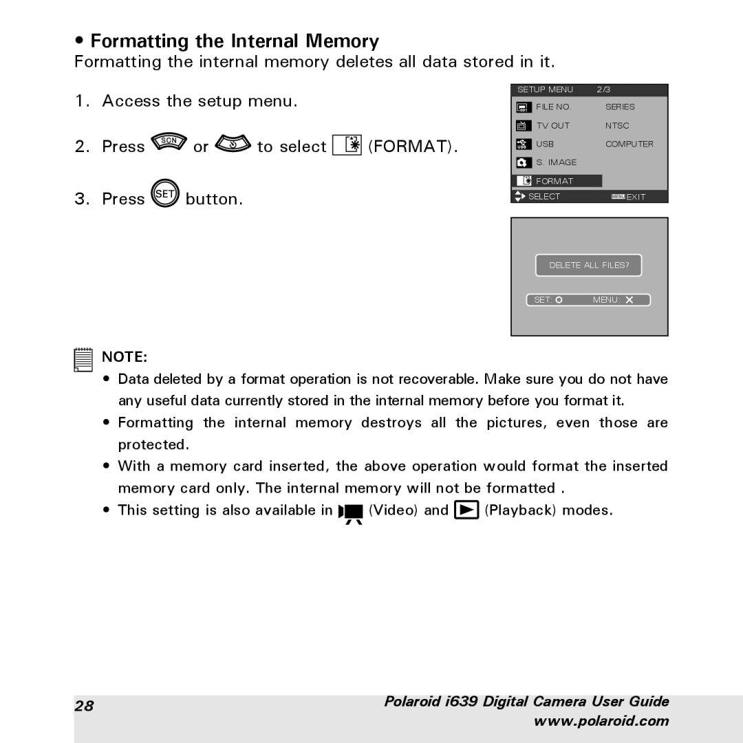 Polaroid i639 manual Formatting the Internal Memory 